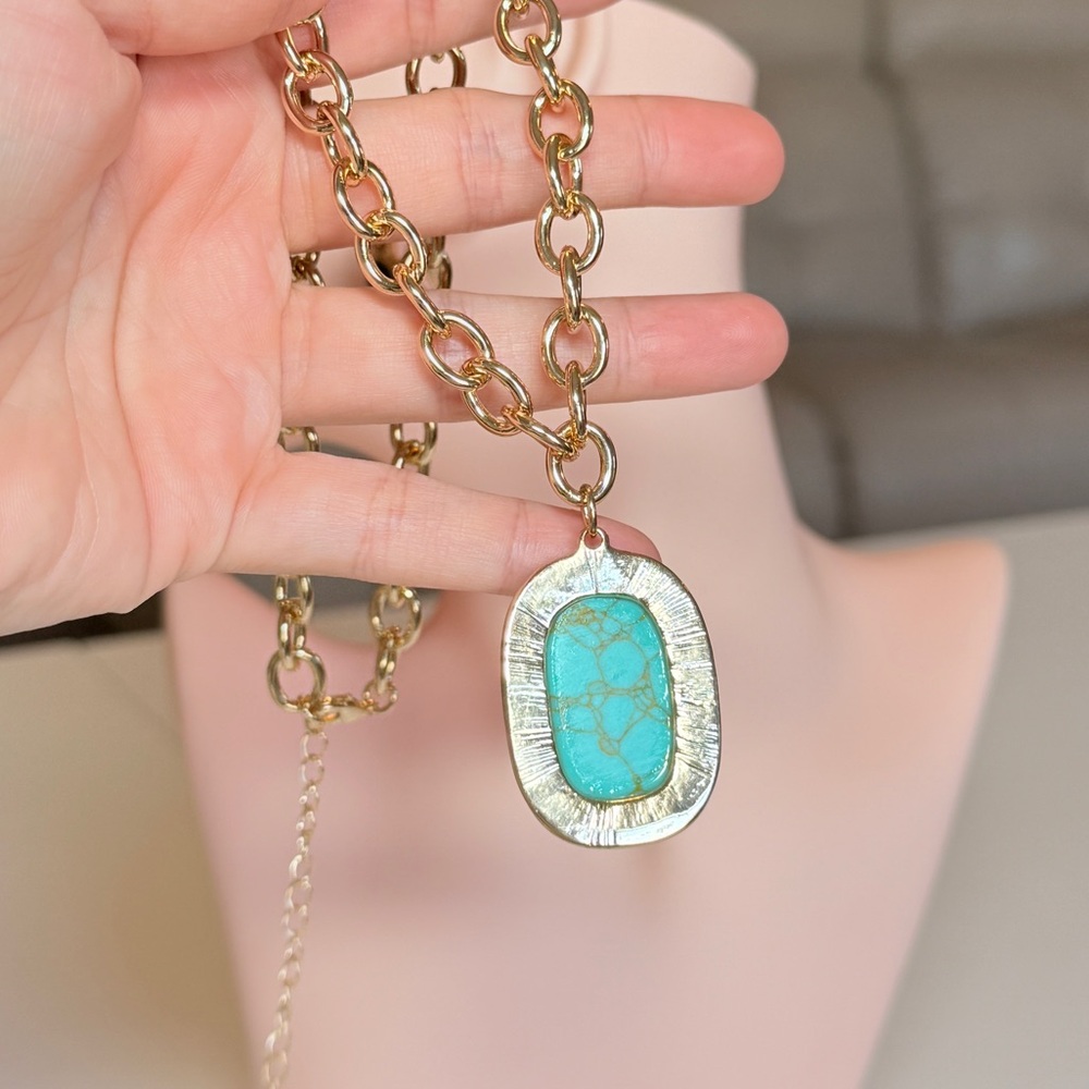 Gold Chain Necklace with Turquoise Pendant - Picture 9 of 10